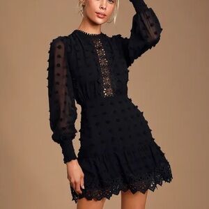 Love or Lust Black Embroidered Long Sleeve Mini Dress